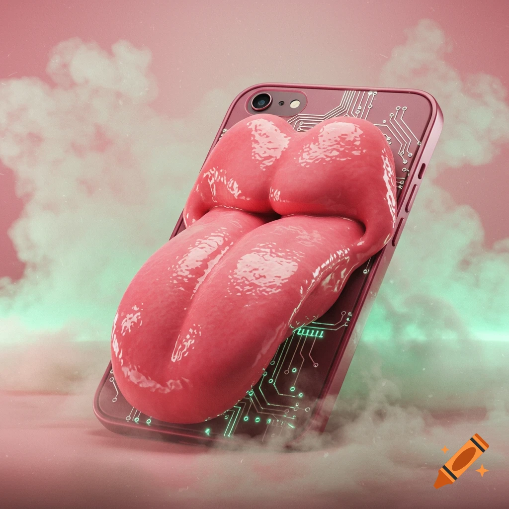 A surreal 3D render of a pink smartphone with a large, glossy pink tongue protruding from its screen, featuring glowing green circuits and smoke.