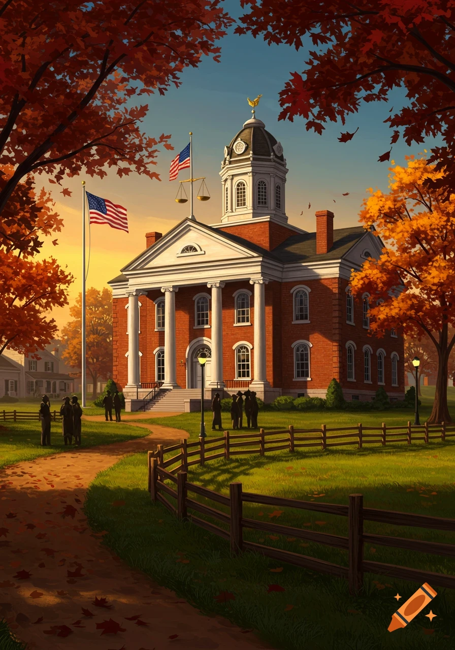 Colonial-style brick courthouse with white columns and a dome, surrounded by vibrant red and orange autumn trees, with American flags.