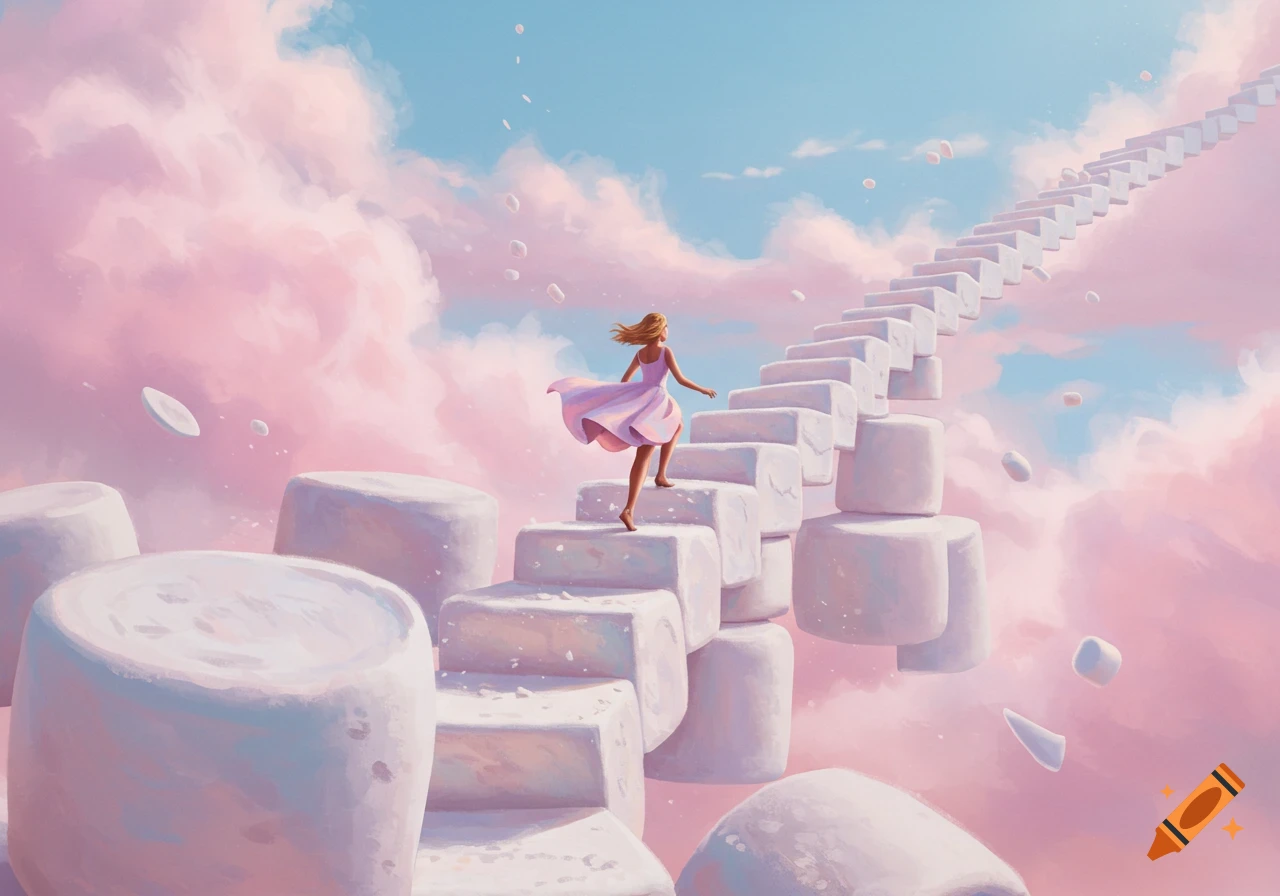 A woman in a pink dress climbs stairs made of marshmallows through a dreamy sky with pink clouds, illustration.