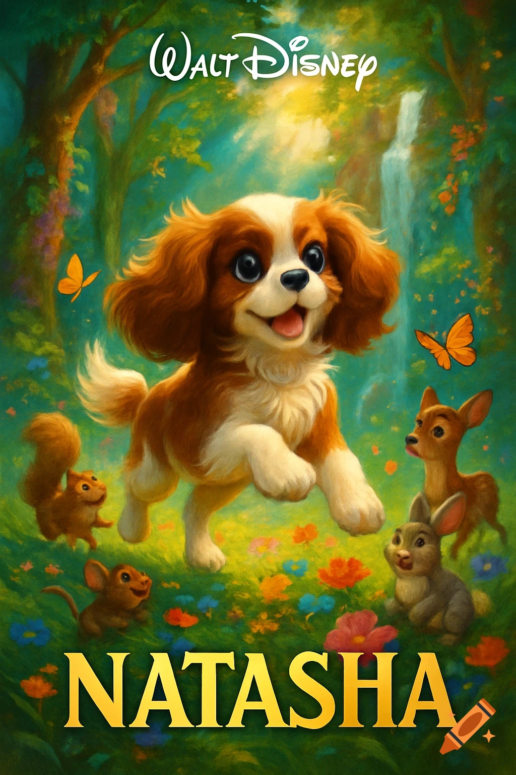 Whimsical Disney-style movie poster for 'Natasha' with a happy Cavalier King Charles Spaniel puppy and forest animals in a lush, painted forest.