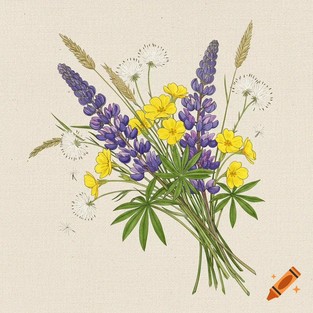 A delicate watercolor and fine-ink botanical illustration of a bouquet with purple lupine spikes, yellow primroses, and white dandelion seedheads on a textured backdrop.