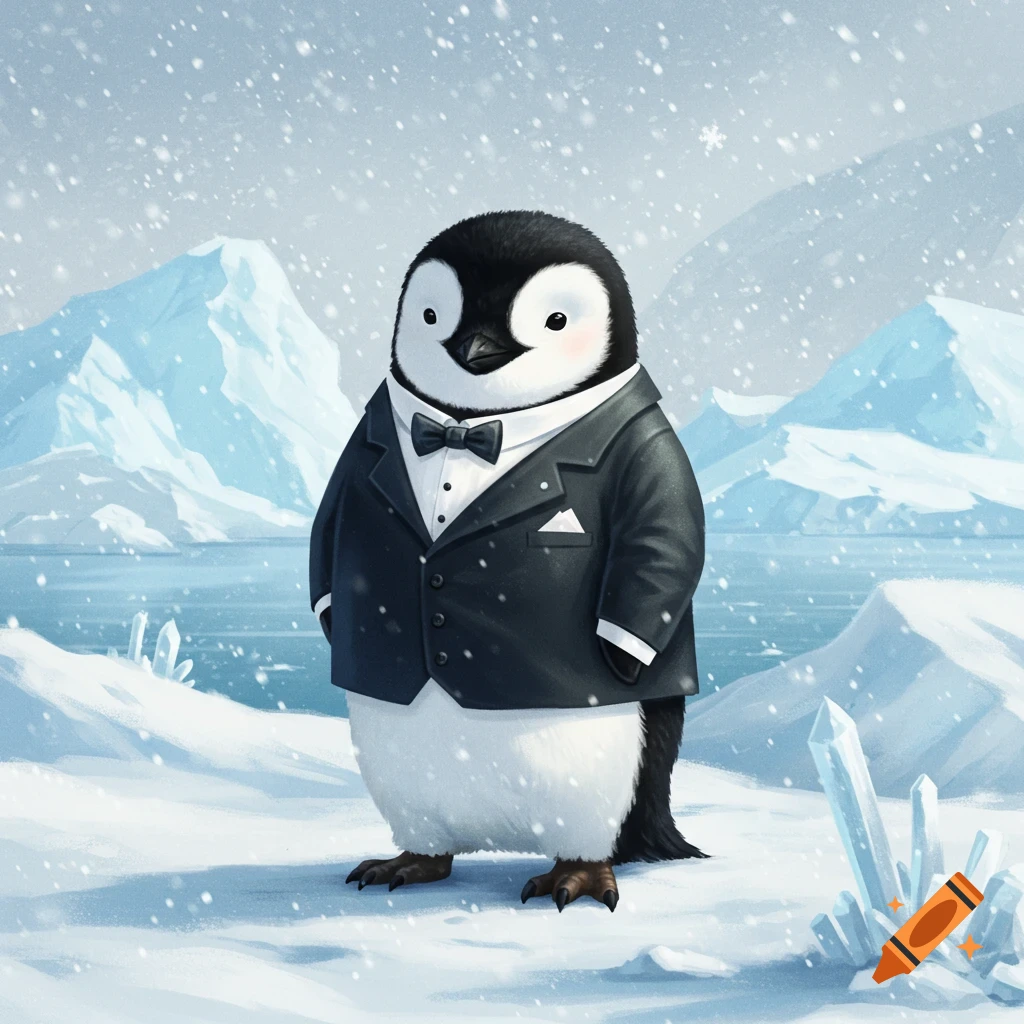 A cute cartoon baby penguin in a tuxedo stands in a snowy arctic landscape with mountains and ice.