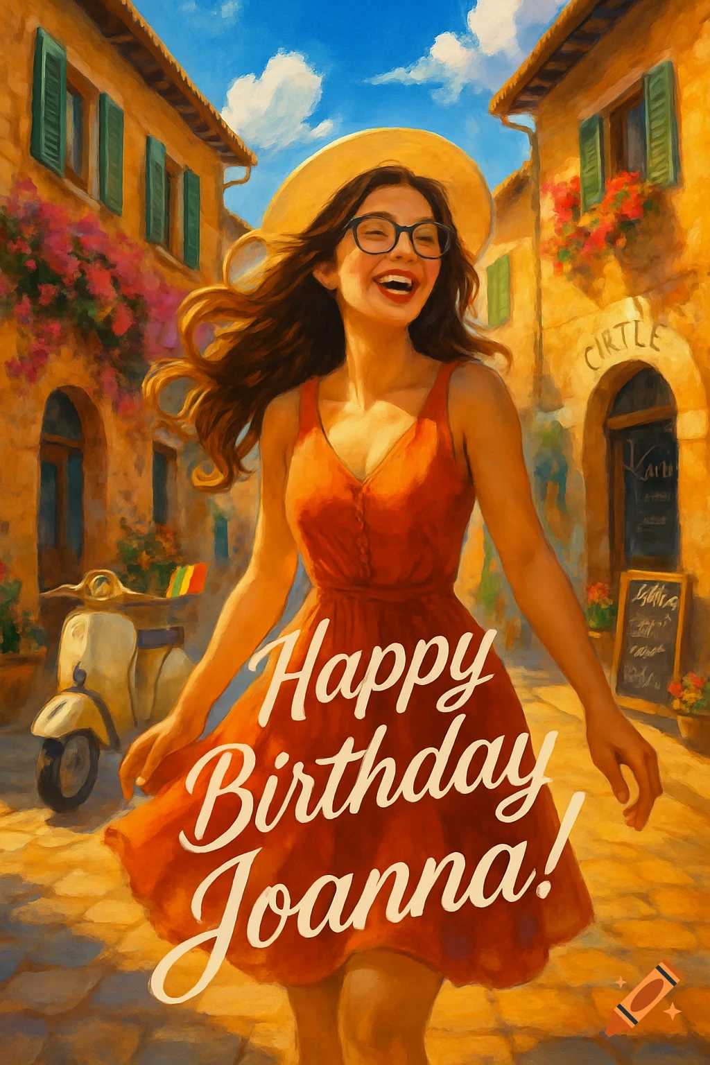 A vibrant painting of a happy woman in a red dress, straw hat, and glasses, laughing on a sunlit Italian street with "Happy Birthday Joanna!" written over her.