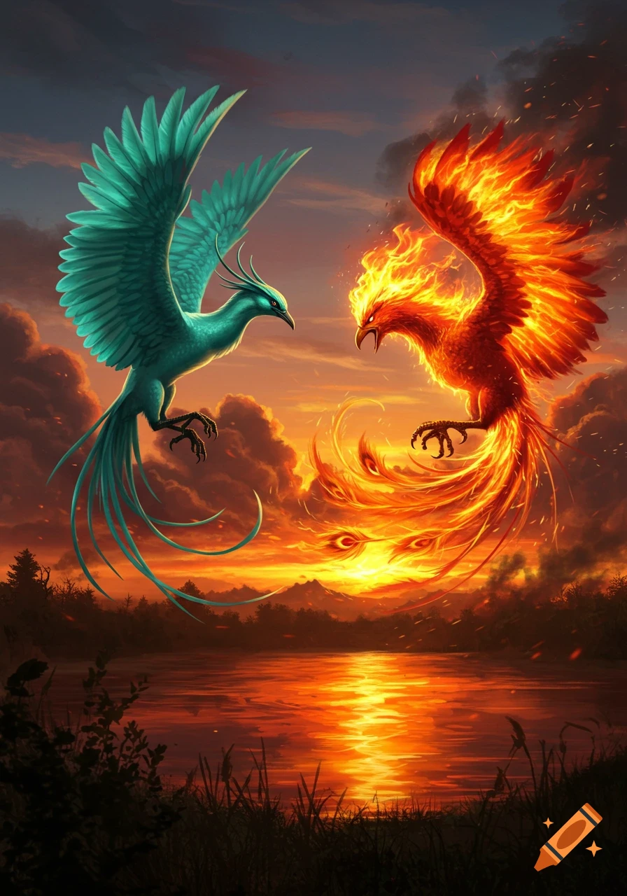 Two vibrant mythical birds, one blue-green and one fiery orange, face off over a glowing lake at sunset in a dramatic fantasy scene.