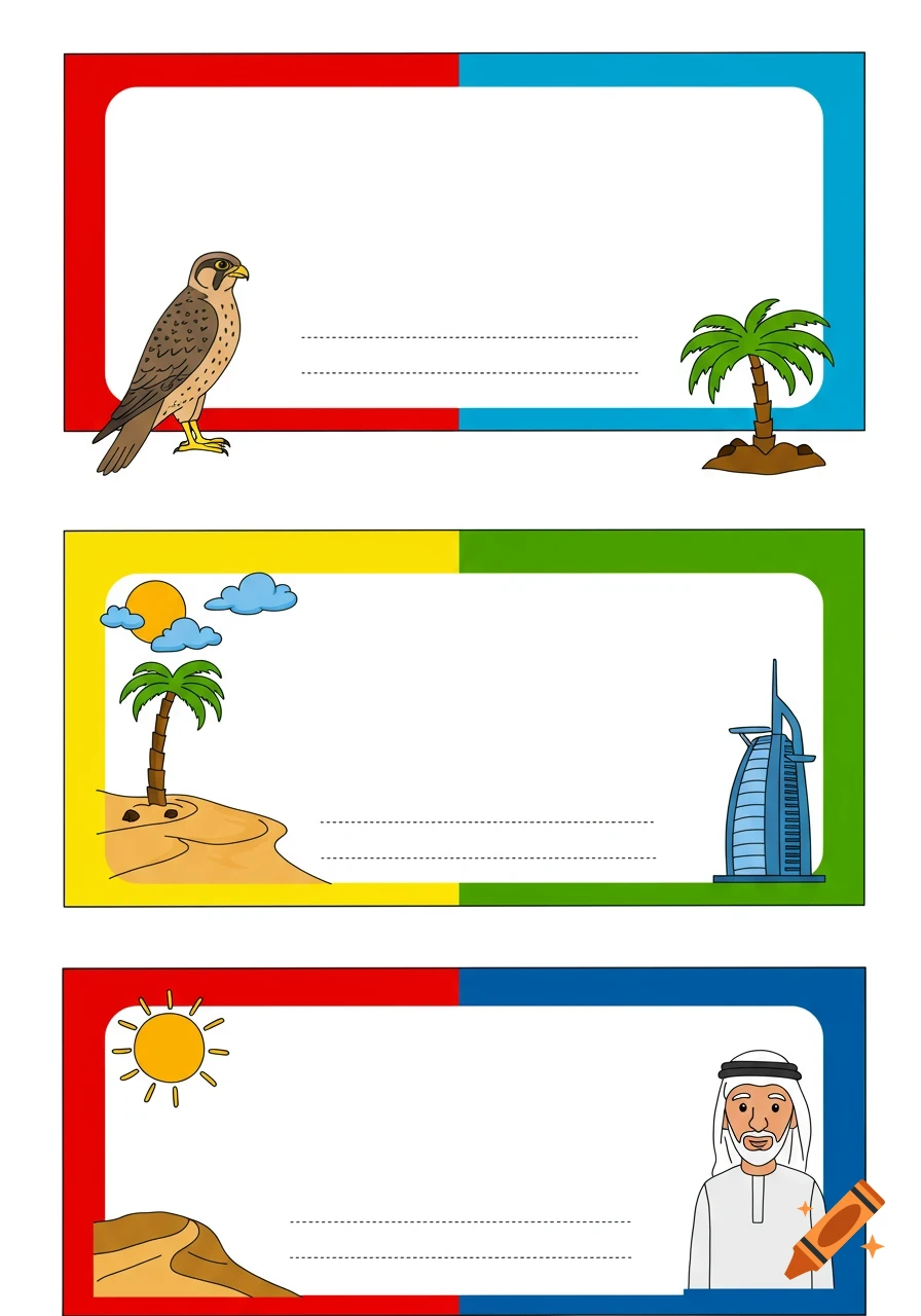Three colorful rectangular cards with rounded corners on a white background, each featuring UAE-themed illustrations like a falcon, palm tree, Burj Khalifa, desert, sun, and an Emirati man, with dotted lines for writing.