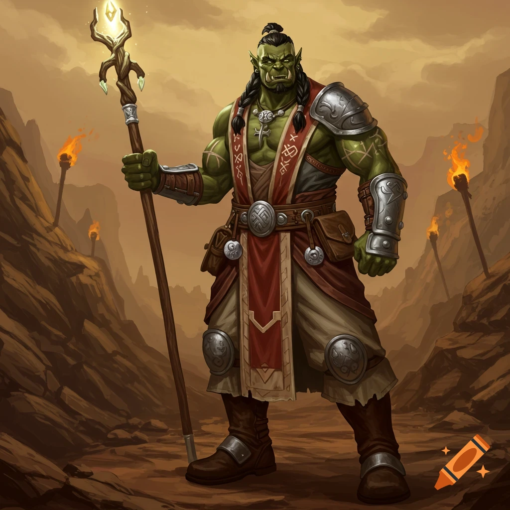 A muscular green orc cleric with braided hair, tusks, armor, and red robes, holds a glowing staff in a desert.