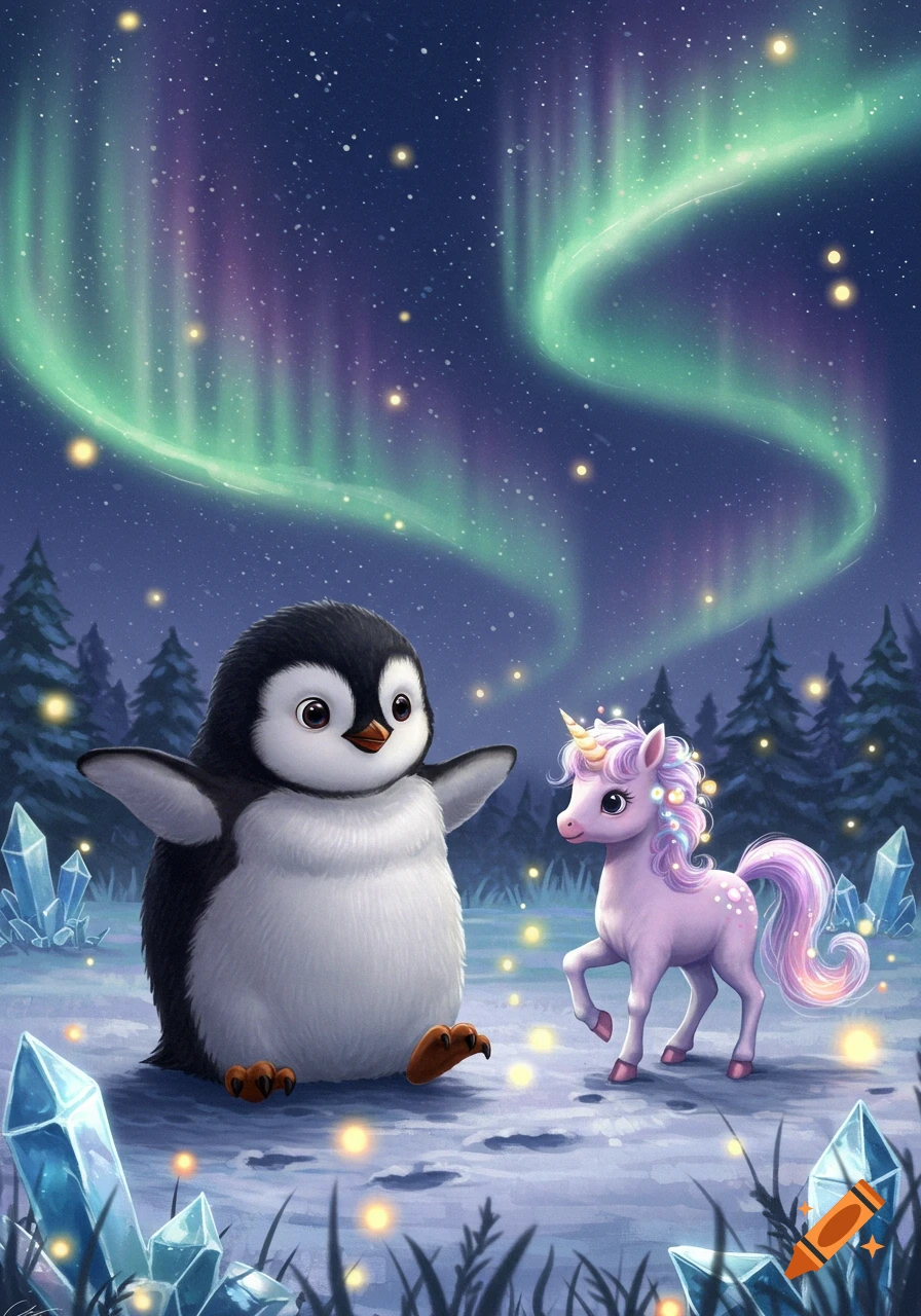 A cute cartoon penguin and a pink unicorn stand in a snowy forest under a vibrant green and purple aurora borealis, with glowing crystals.
