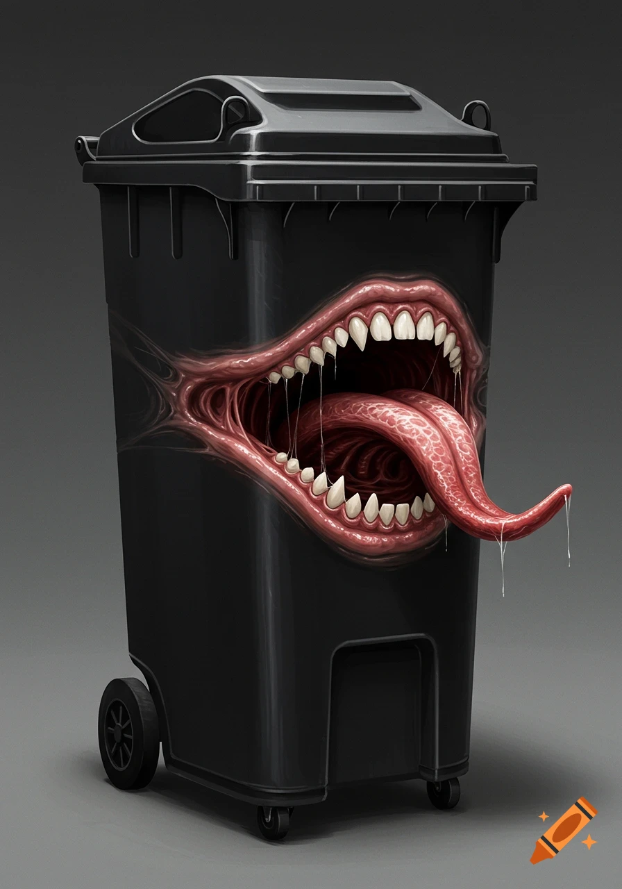 A black trash bin with a grotesque, gaping monster mouth, sharp teeth, gums, and a long, drooling tongue.