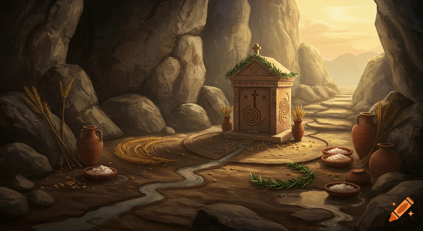 A painterly illustration of a stone shrine with an olive wreath and cross, surrounded by offerings of wheat, clay pots, and bowls of salt, set in a rocky cave with a path leading to a bright, hazy sky.