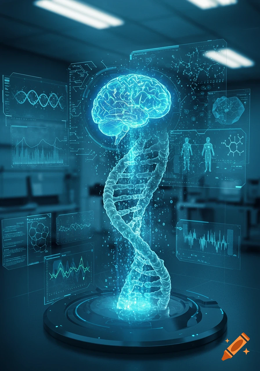 Glowing blue brain and DNA helix surrounded by holographic medical data screens in a futuristic lab.