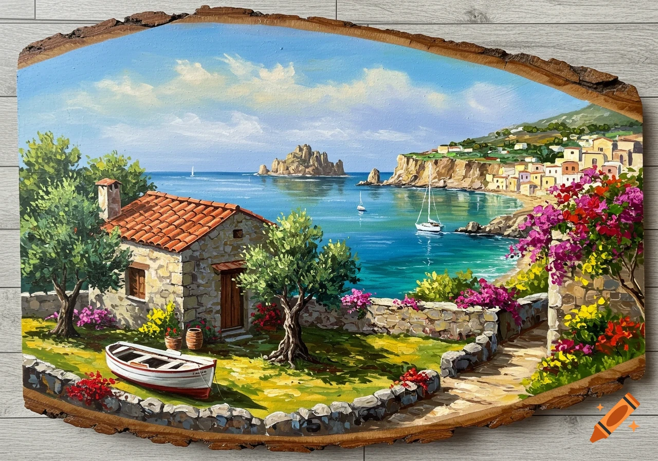 Vibrant Mediterranean landscape painting on a wood slab, featuring a rustic house, boat, olive trees, and colorful flowers.