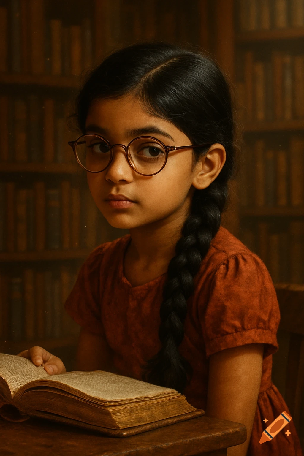 A young girl with a dark braid and round glasses looks up from an open book at a wooden table, with bookshelves in the background.