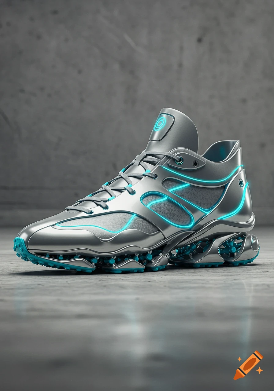 A photorealistic image of a futuristic silver metallic shoe with glowing blue accents on a concrete surface.