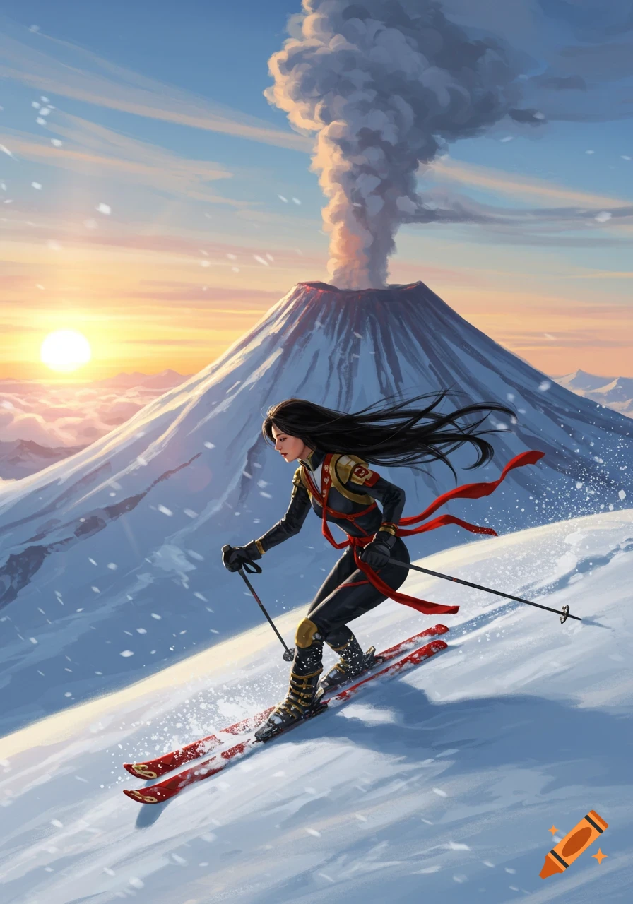 A woman with long black hair skis down a snowy mountain with an erupting volcano at sunset, digital art.
