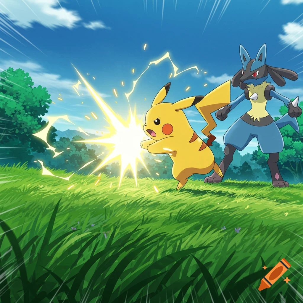 Pikachu launches a glowing electric attack at Lucario in a lush green field under a blue sky, in an anime style.