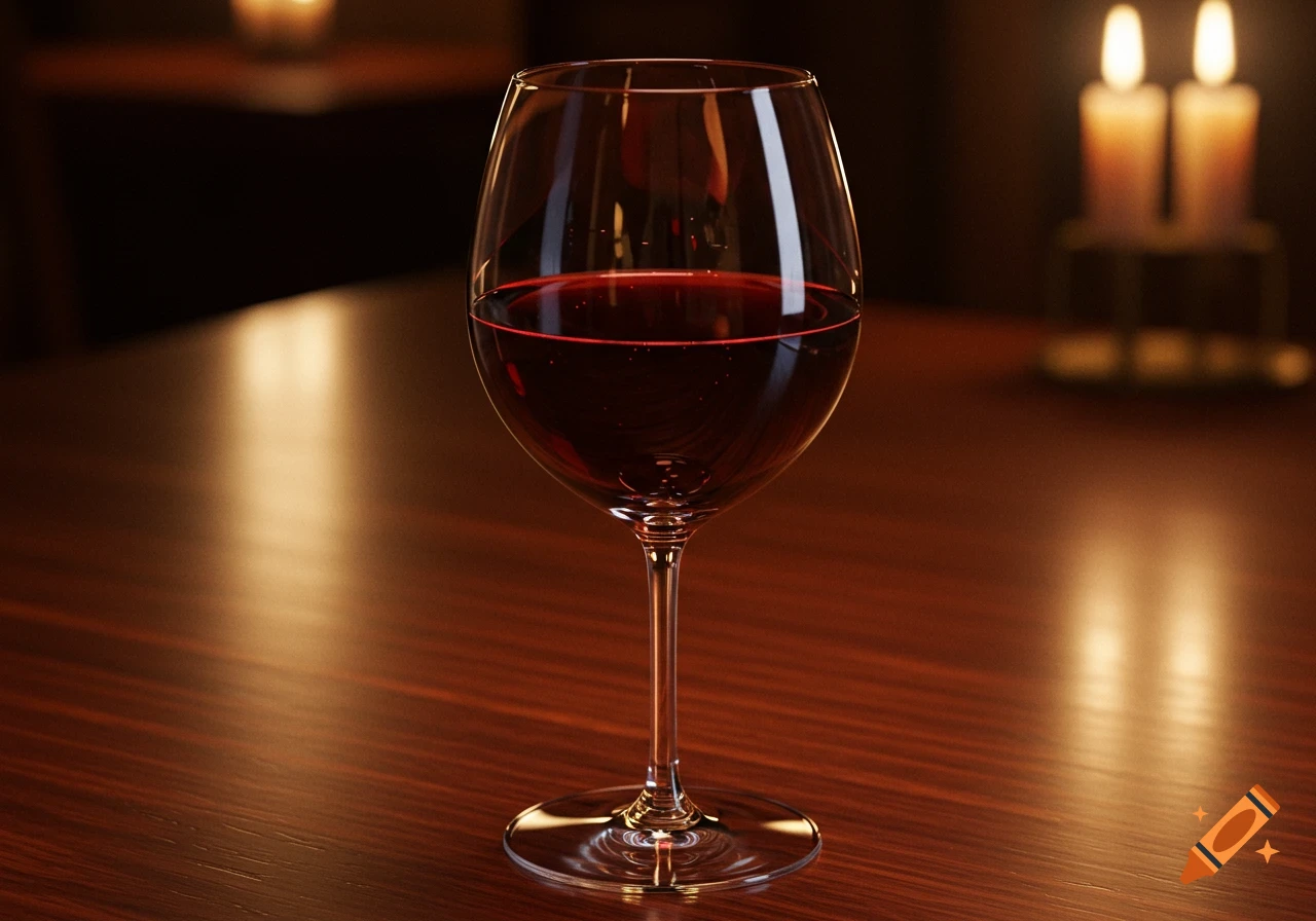 A photorealistic shot of a full glass of red wine on a dark wooden table, with blurred lit candles in the background.