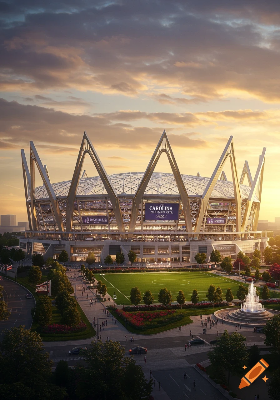 Photorealistic concept art of a futuristic stadium resembling a crown, featuring a green field and fountain, at sunset.