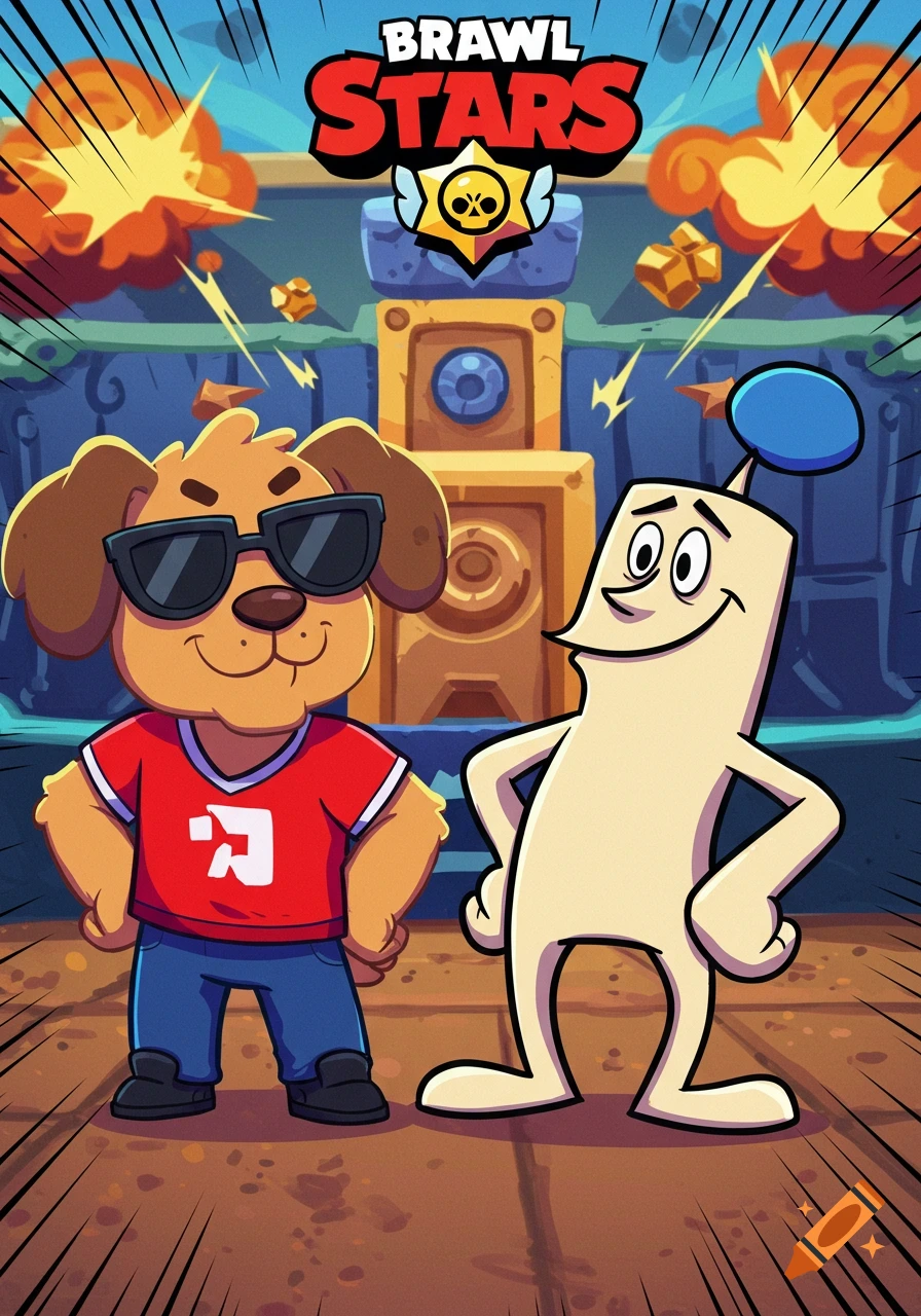 Cartoon dog in sunglasses and Homestar Runner character stand in front of a 'Brawl Stars' logo and game-like background.