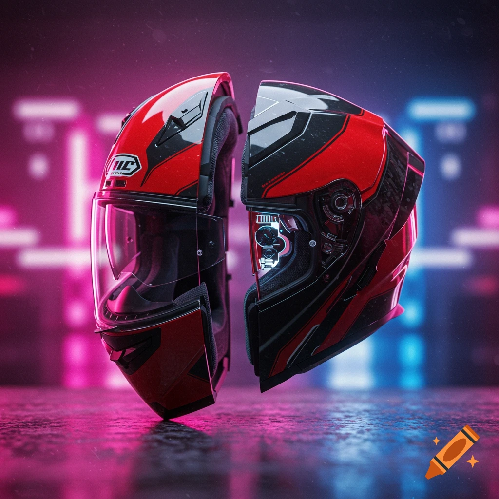 A red and black motorcycle helmet split into two halves, floating above a reflective surface with a neon city background.