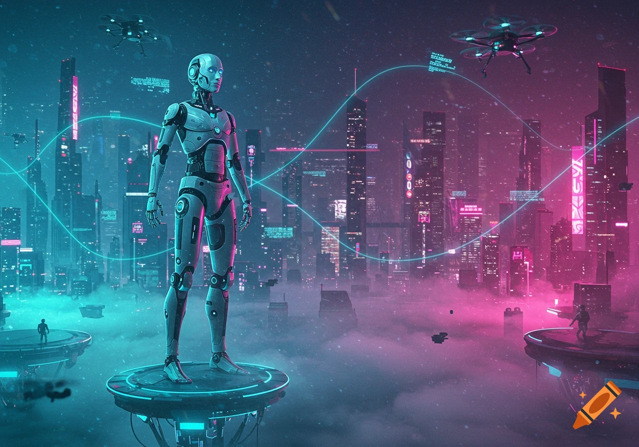 A humanoid robot stands on a platform overlooking a neon-lit futuristic cyberpunk city with drones in the sky.