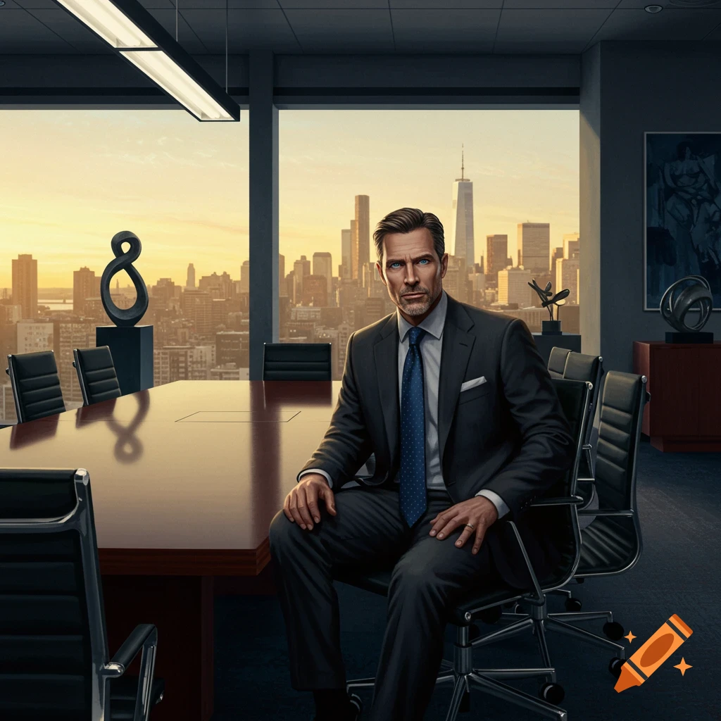 A man in a suit sits in a modern office with a city skyline at sunset visible through large windows.