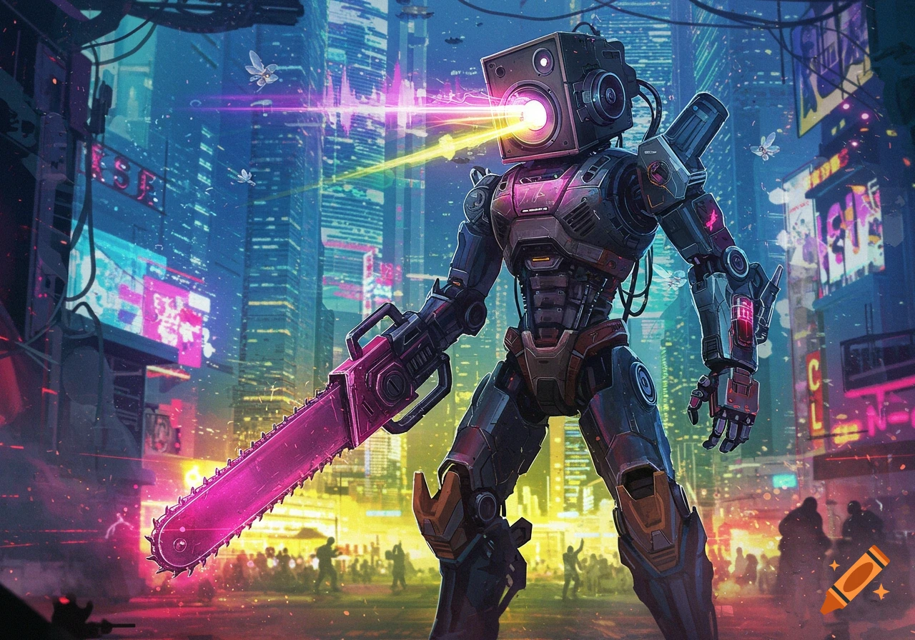 A robot with a speaker head and a glowing pink chainsaw stands in a neon-lit cyberpunk city, shooting a laser from its head.