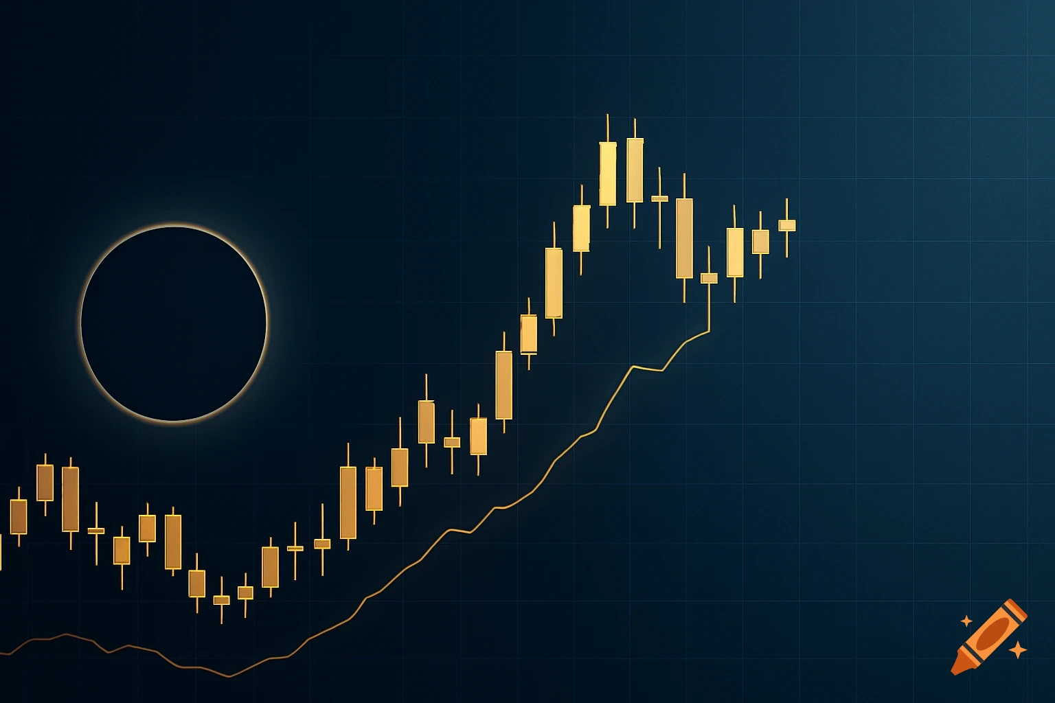 Gold financial candlestick and line chart on a dark blue grid background, with a dark circular placeholder.