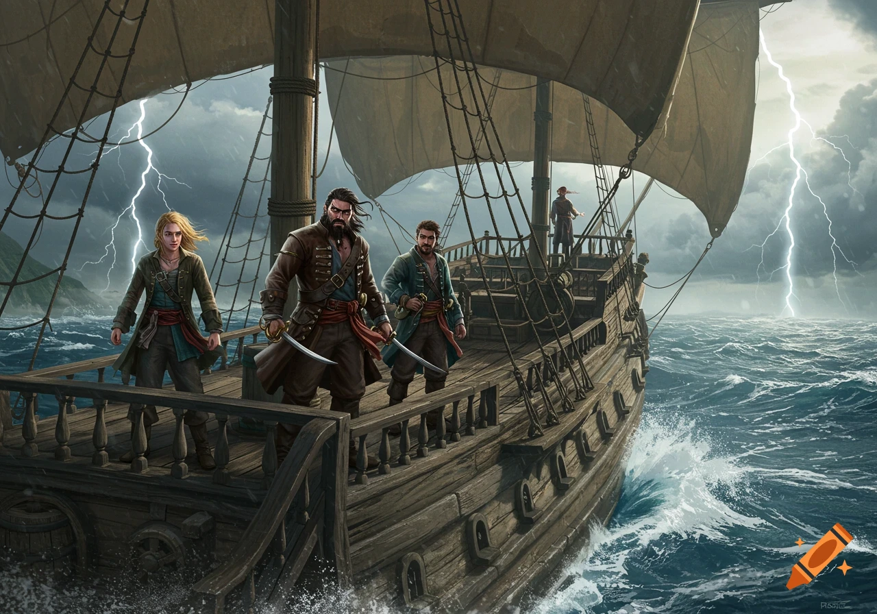 Four pirates stand on the deck of a sailing ship in a stormy sea with lightning, in a painted fantasy style.