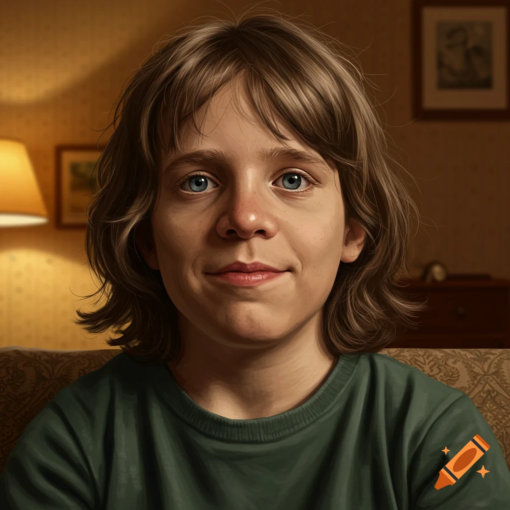 Close-up photorealistic portrait of a young person with brown hair, blue eyes, and freckles, smiling faintly, indoors.