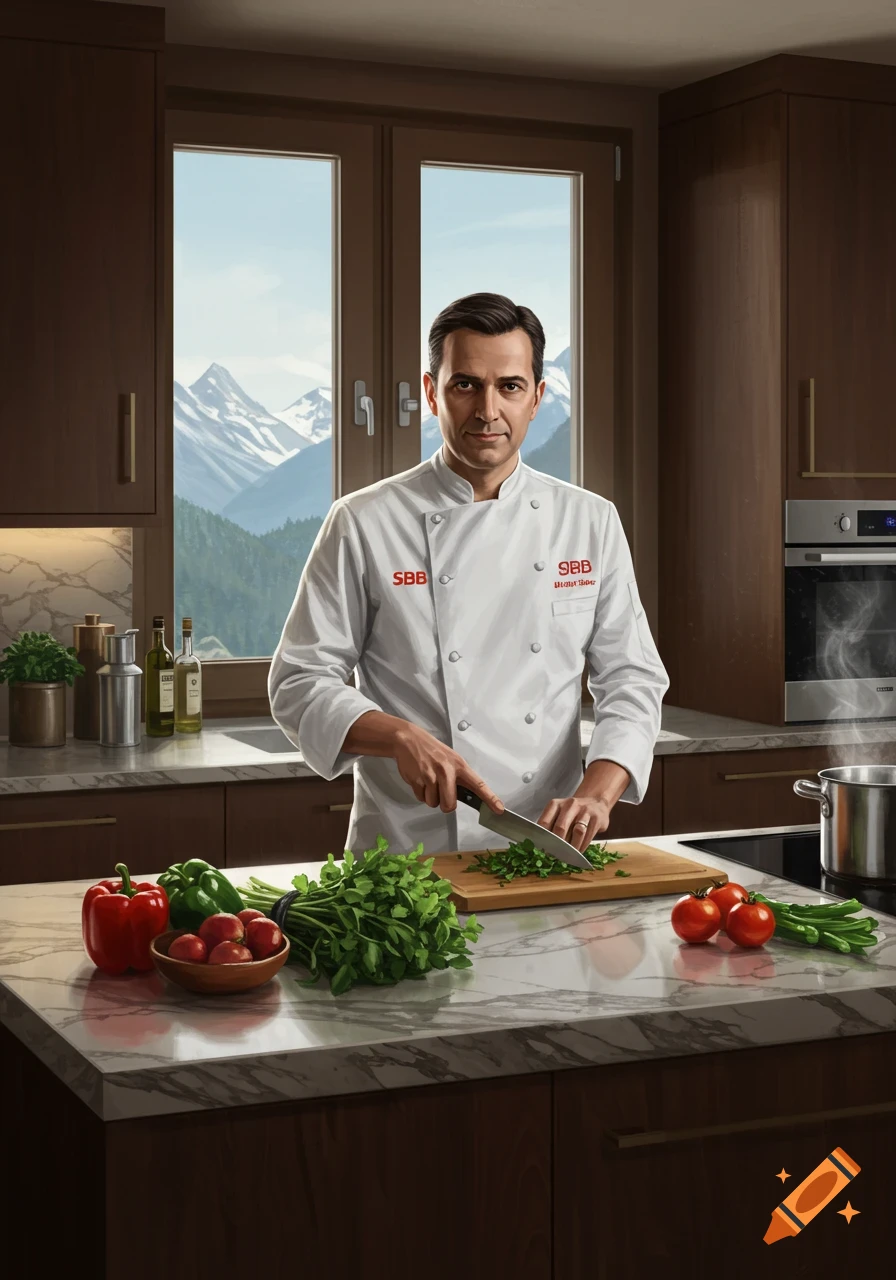 A male chef chops herbs on a cutting board in a modern kitchen with a mountain view outside the window. He wears a white chef's coat.