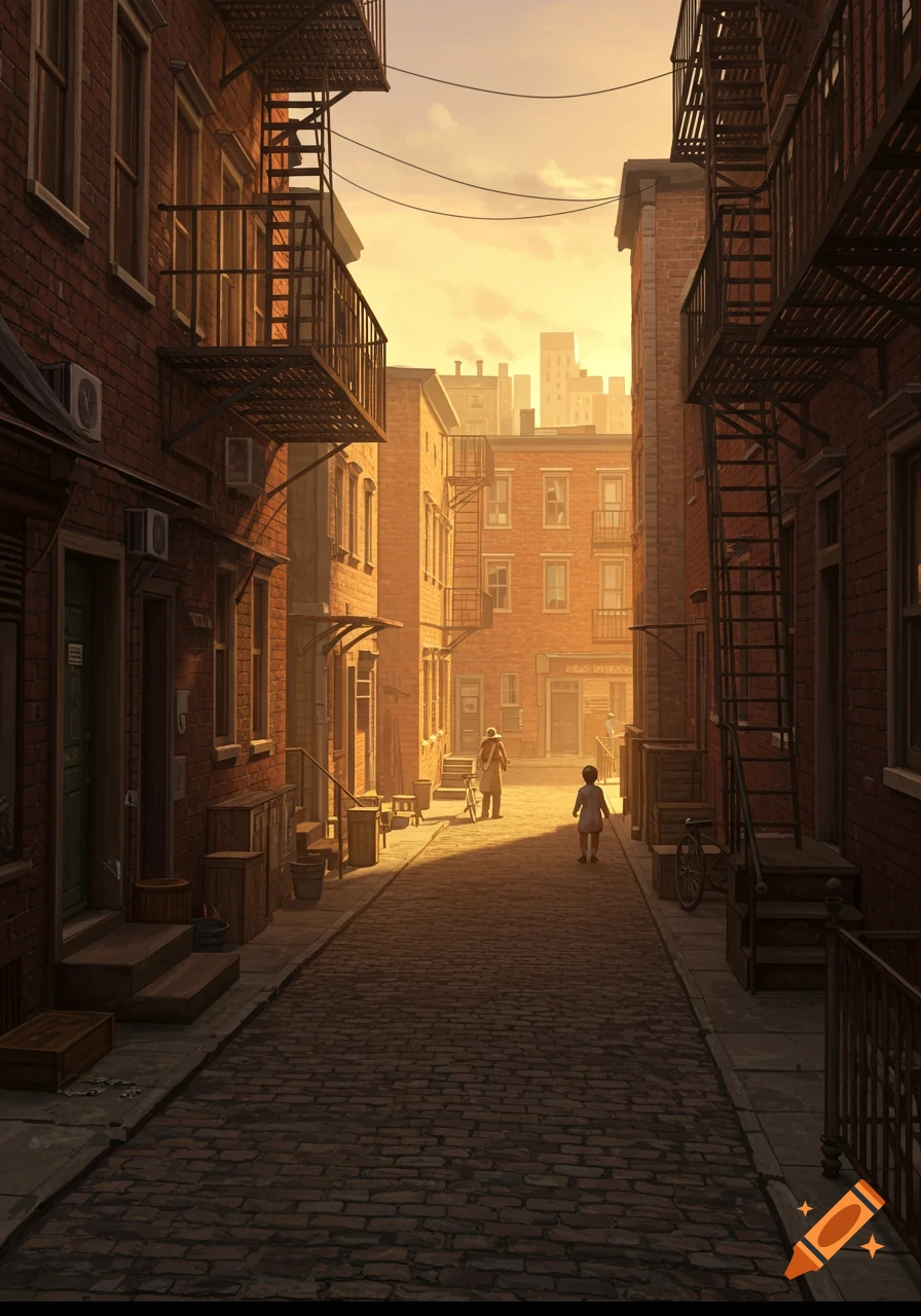 A warmly lit urban alley between old brick buildings with fire escapes, a cobbled street, and two figures walking into the light.