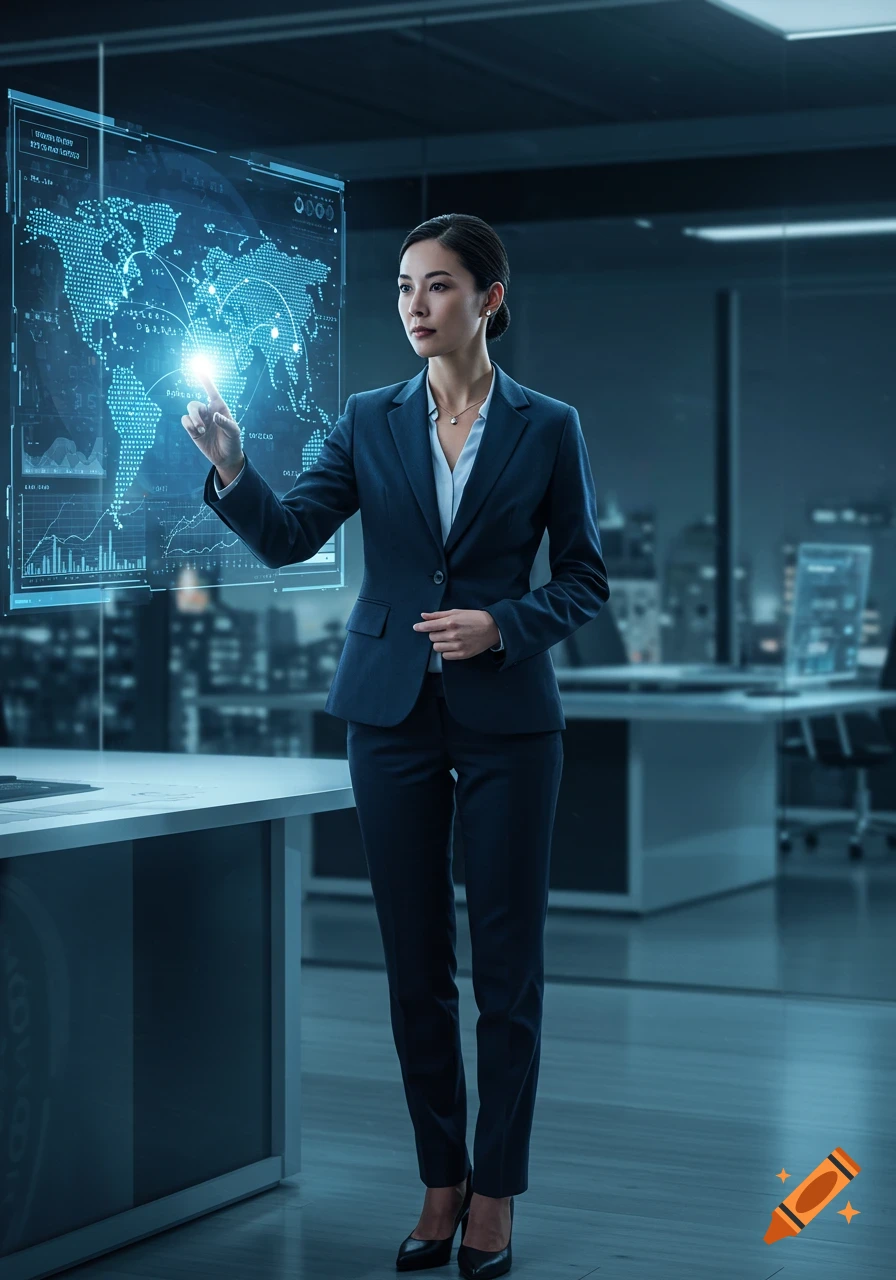 A businesswoman in a suit interacts with a large, glowing holographic world map display in a modern, dimly lit office.