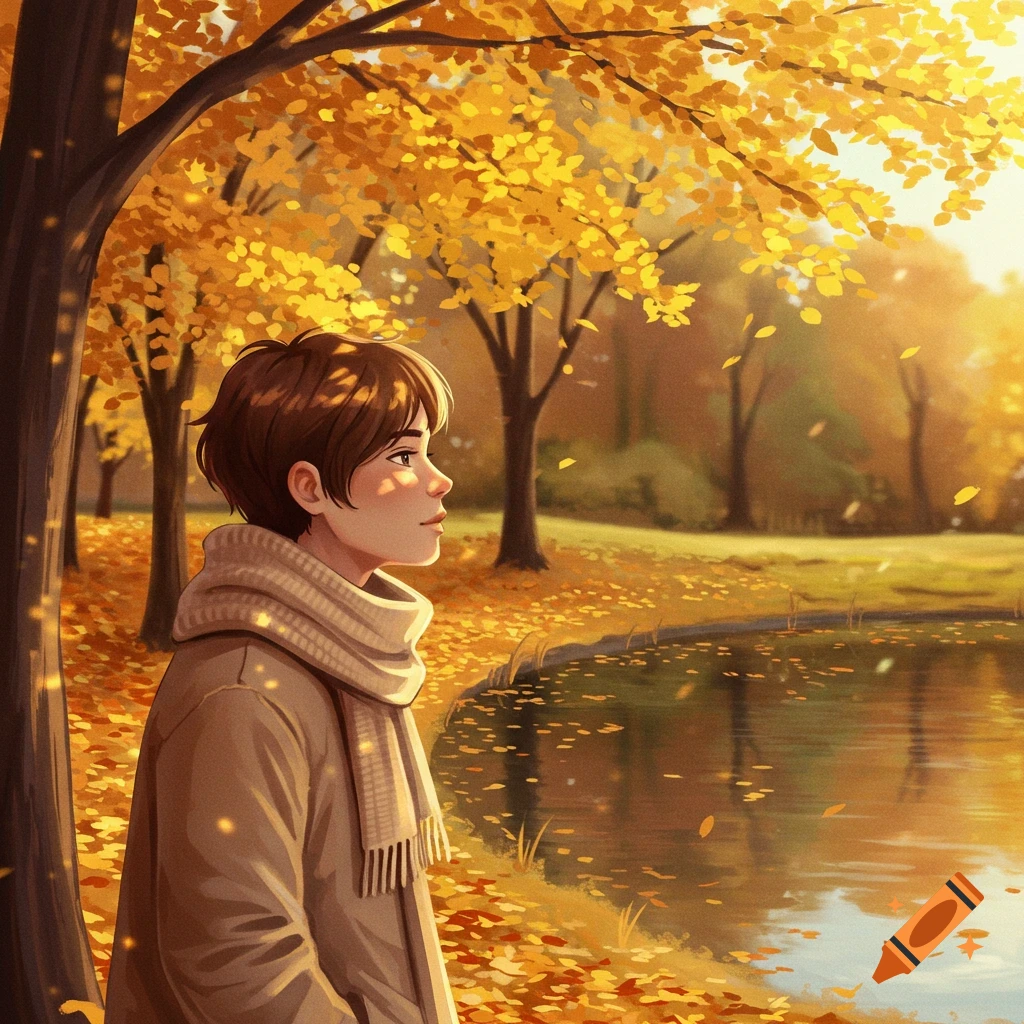An anime-style person in a scarf stands by a pond in an autumn forest with golden leaves falling.