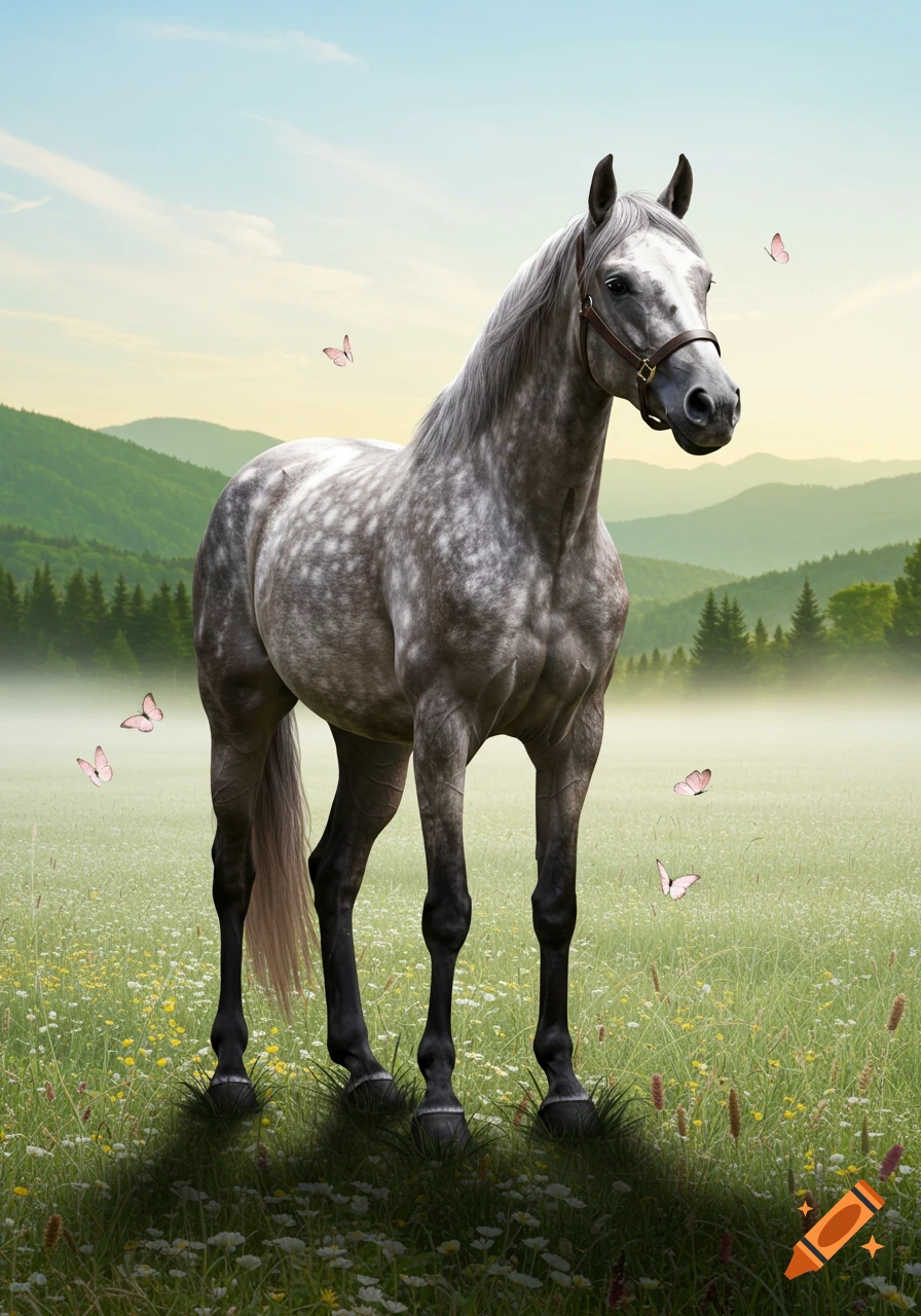 A dapple gray horse stands in a lush green field filled with wildflowers, with mountains and a misty sky in the background. Pink butterflies flutter around the horse.