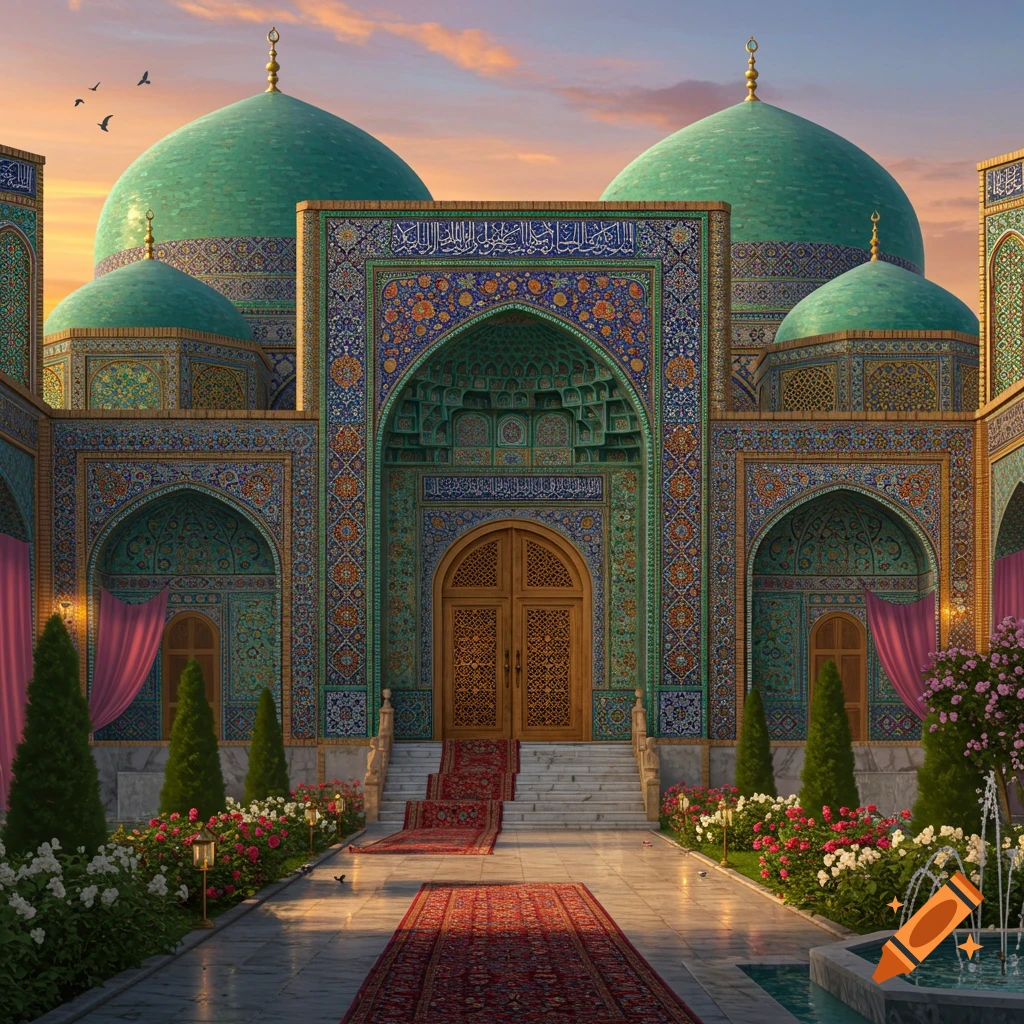 Ornate, domed building with intricate blue and green tile work, a red carpet leading to wooden doors, and a flowered garden at sunset.