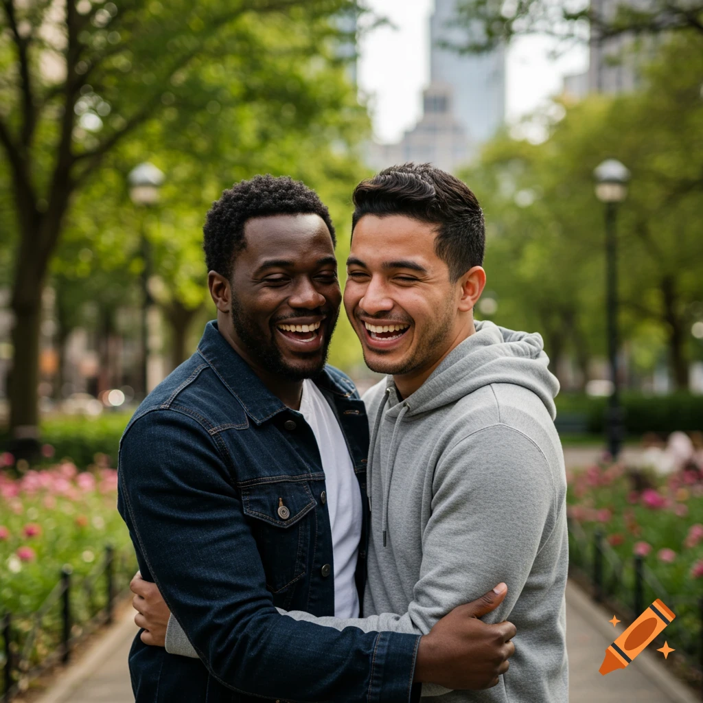 Two diverse male friends hug and laugh joyfully in a park with green trees and city buildings in the background.