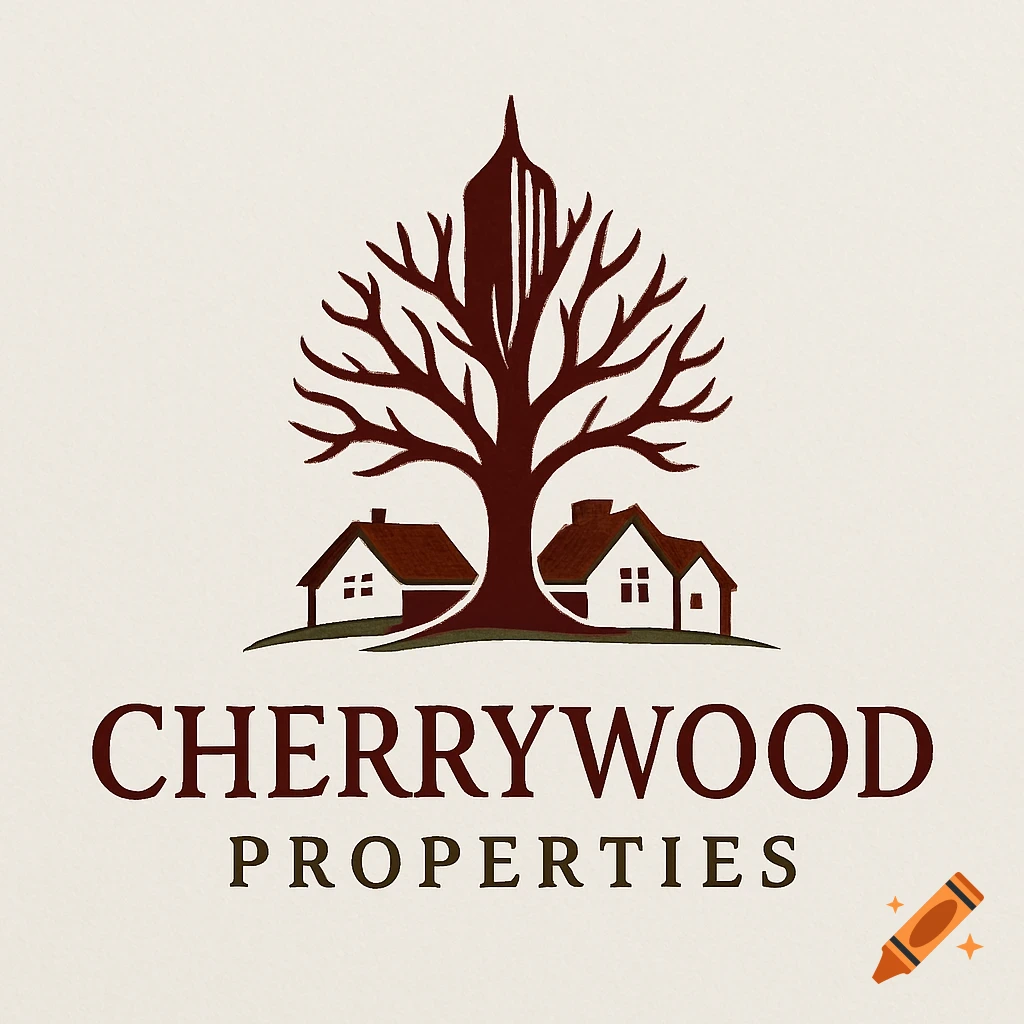 A dark brown logo featuring a stylized tree with houses at its base. Below, the text 'CHERRYWOOD PROPERTIES' is displayed.