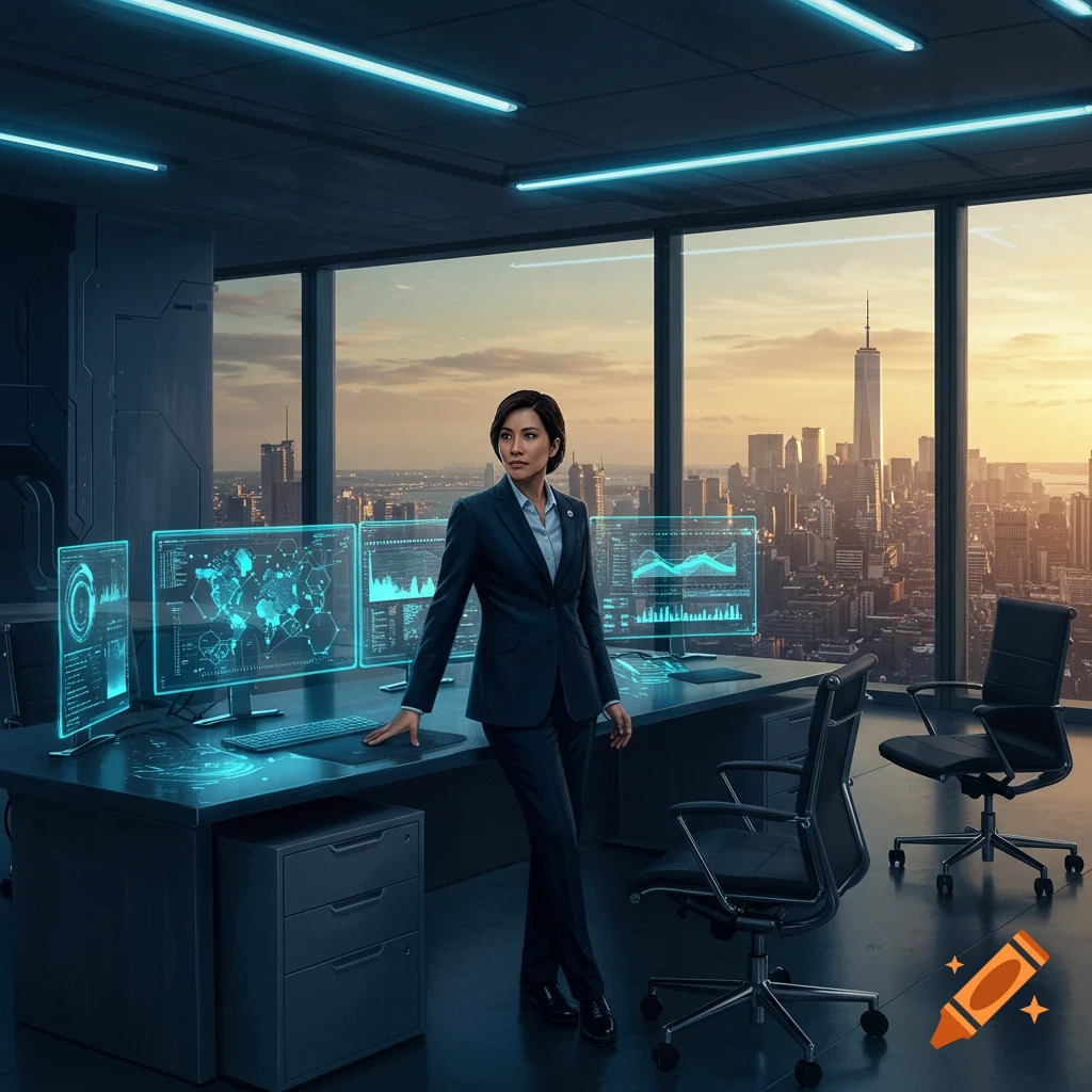 A confident woman in a suit stands in a futuristic office with glowing data screens, overlooking a cityscape at sunset.