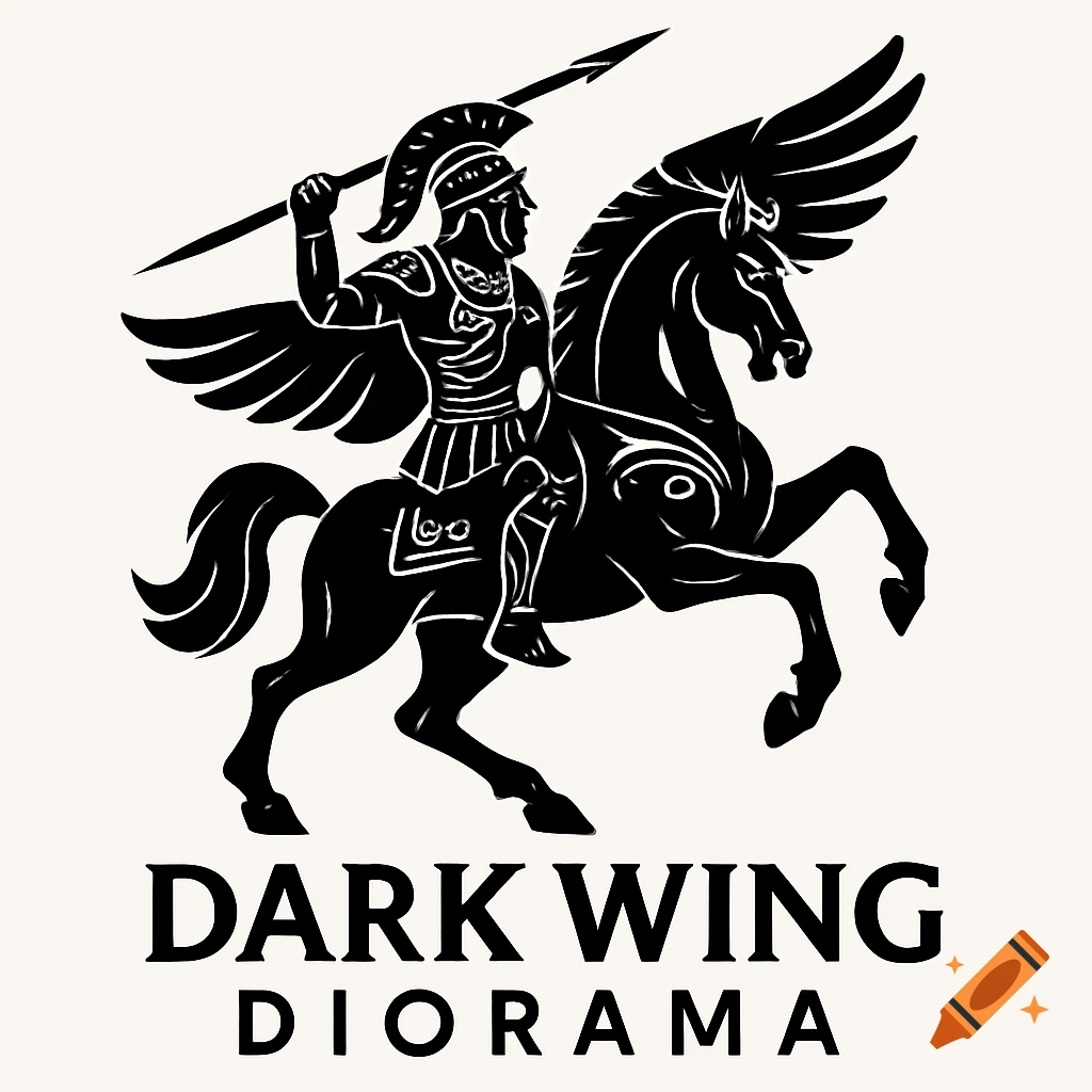 Black and white logo of a Greek knight with a spear riding a winged Pegasus above the text 'DARK WING DIORAMA'.