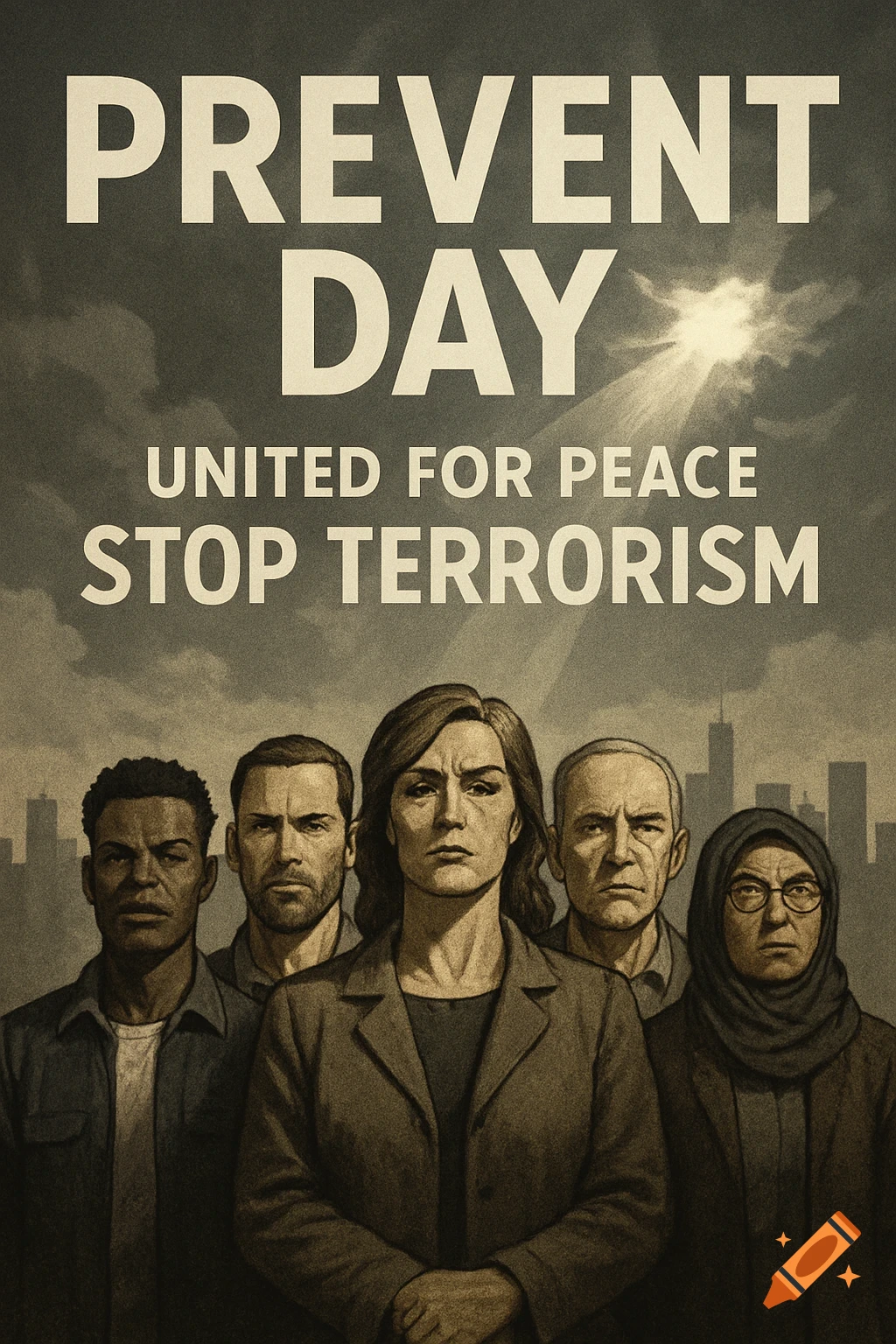 An illustrative, gritty poster with a diverse group of people standing before a city skyline and text: "PREVENT DAY UNITED FOR PEACE STOP TERRORISM".