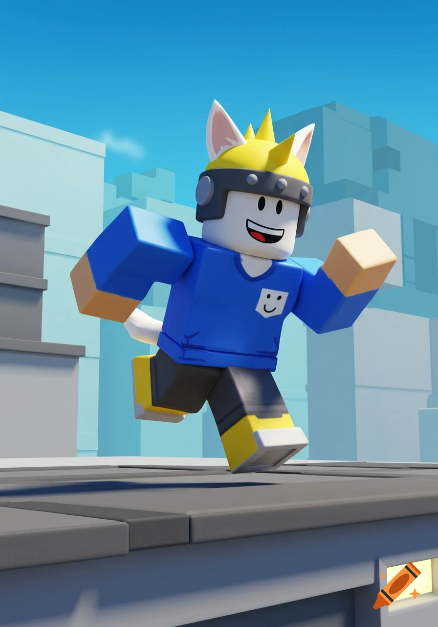 A Roblox-style blocky character with a yellow spiky helmet and cat ears, wearing a blue shirt with a smiley face, runs on a city rooftop.