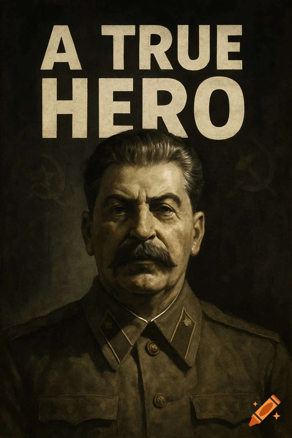 Sepia-toned portrait of Joseph Stalin in uniform, with "A TRUE HERO" text above, and faint hammer and sickle symbols.
