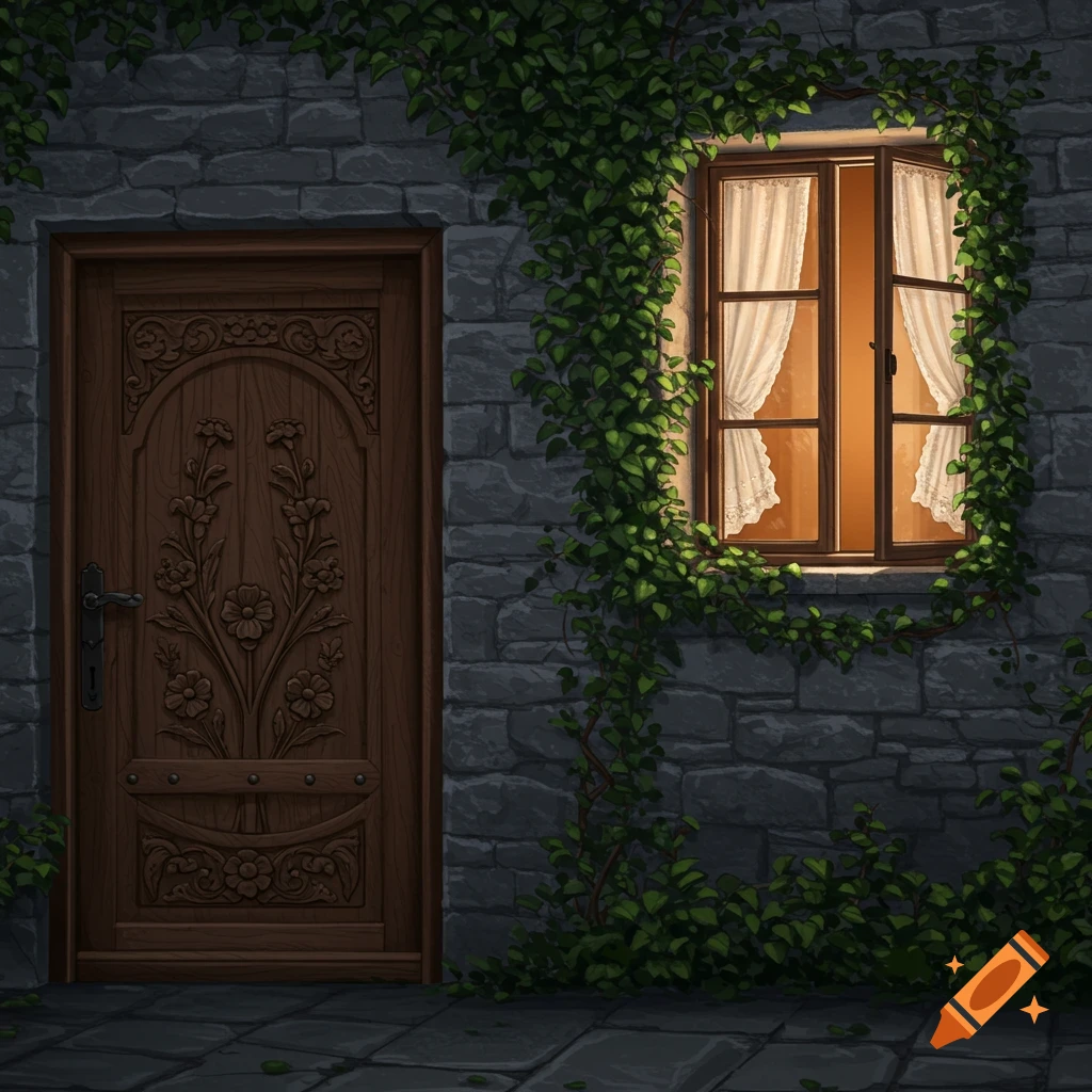 A dark stone wall covered in green ivy, featuring a closed, carved wooden door and a brightly lit, open window with white curtains at night.