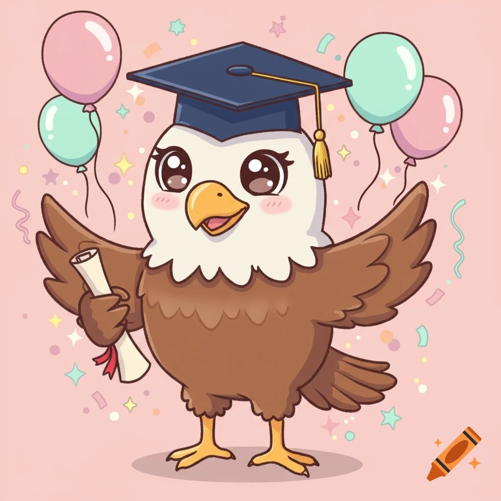 Cute cartoon eagle mascot in graduation cap, holding a diploma, smiling, surrounded by confetti and balloons.