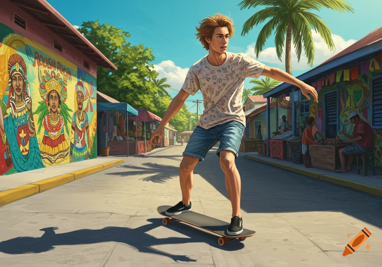 An illustrated young man skateboards down a vibrant tropical street with colorful murals and market stalls.