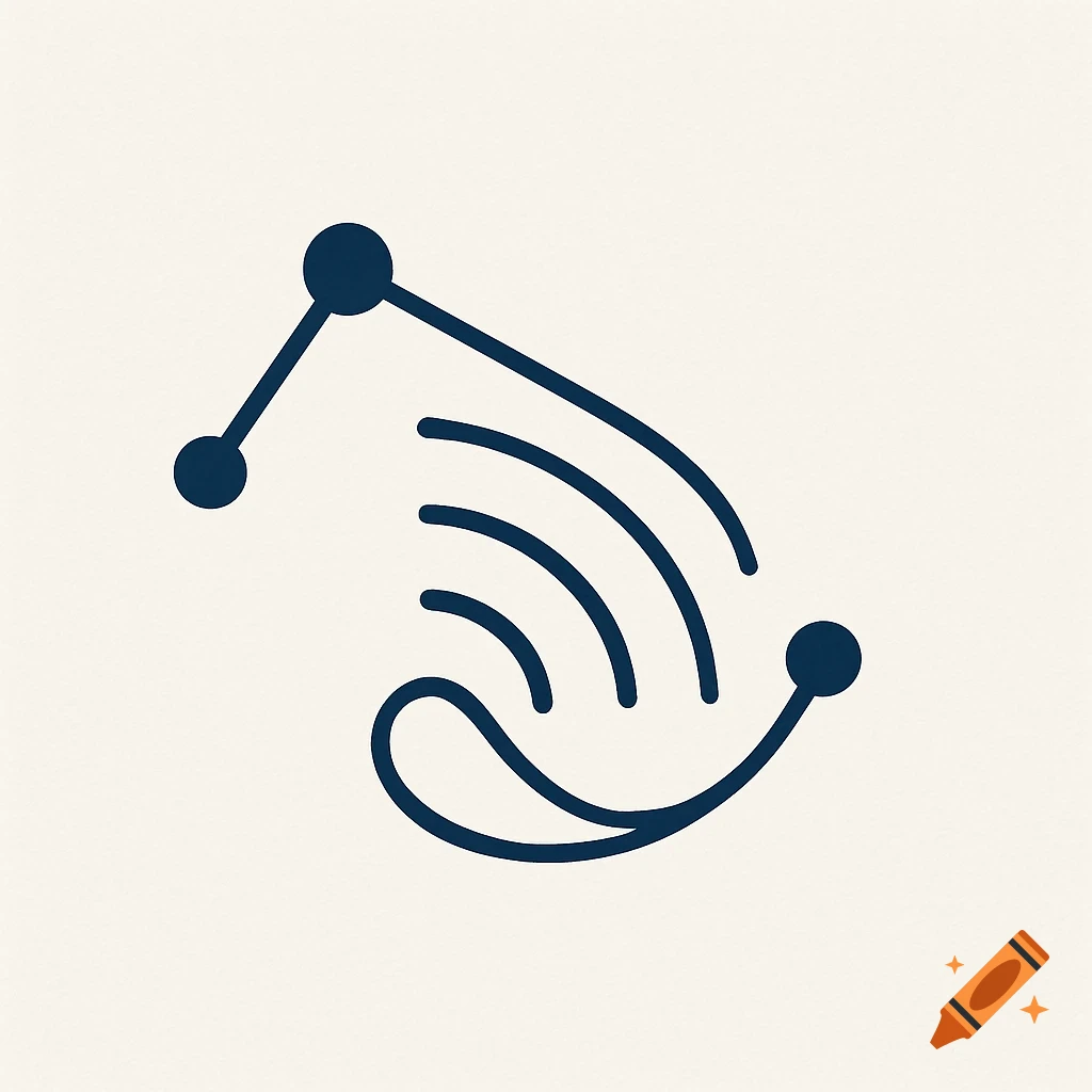 Minimalist abstract logo featuring dark blue lines and dots on a cream background, suggesting network or Wi-Fi connections.