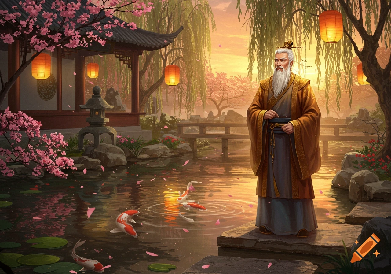 An old Chinese man with a white beard stands by a pond with koi fish and cherry blossoms in a traditional Asian garden with a pavilion and lanterns at sunset.