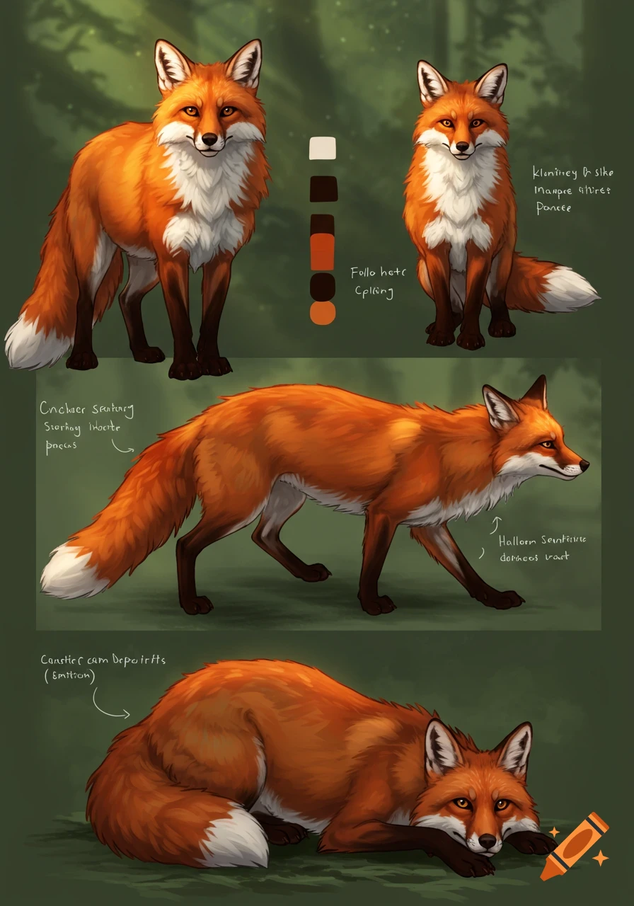 A reference sheet showing multiple illustrations of a red fox in various poses like standing, sitting, walking, and lying down, with color swatches.