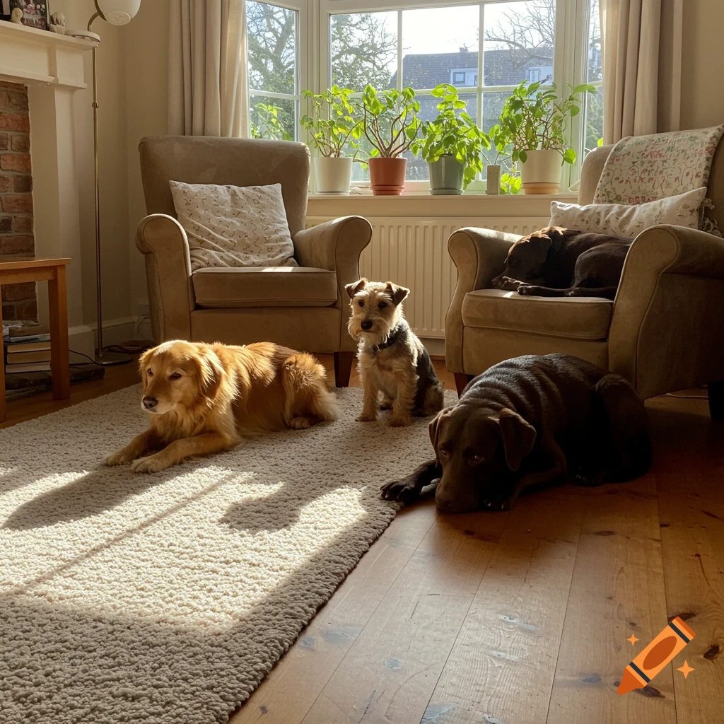 A golden retriever, terrier, and two labradors relax on a rug and wooden floor in a sunlit living room.