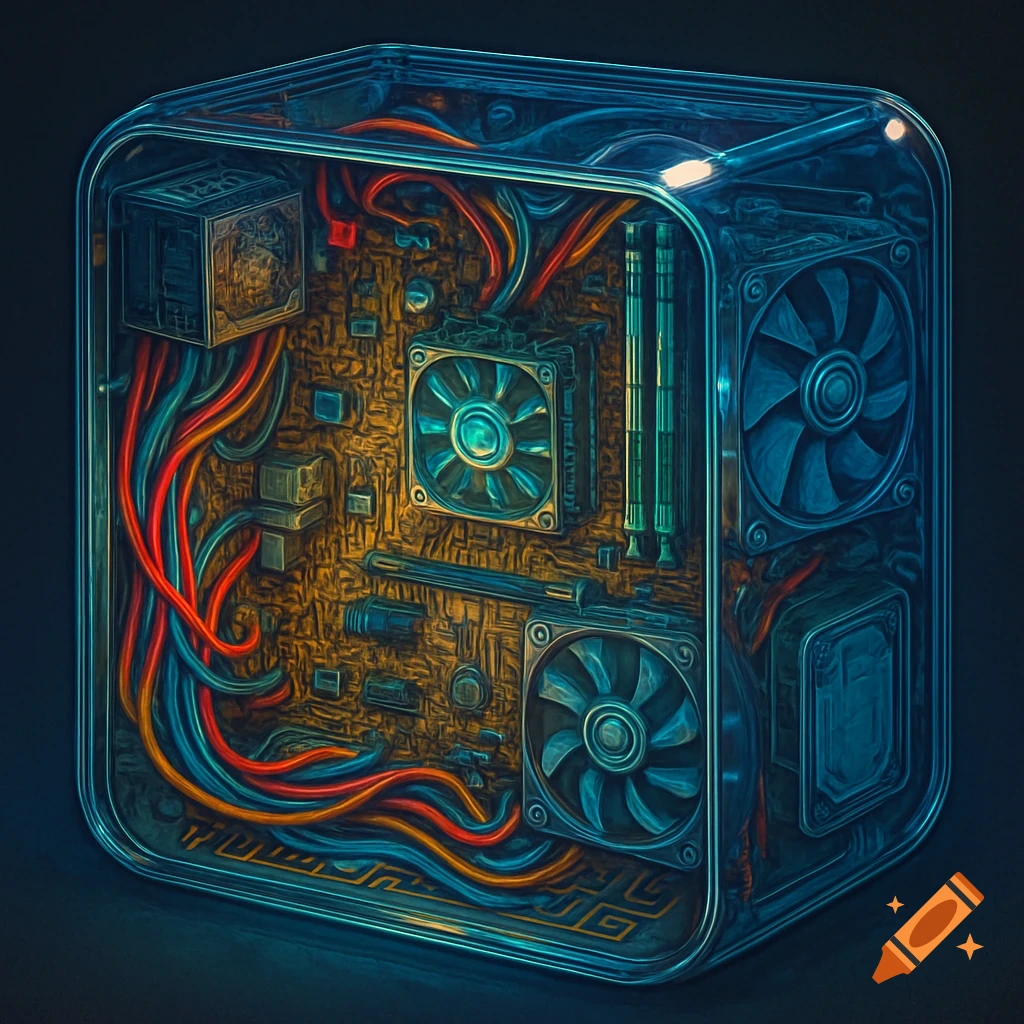 A stylized, detailed illustration of the inside of a computer case, showing a circuit board with fans, colorful wires, and other components in a transparent enclosure.
